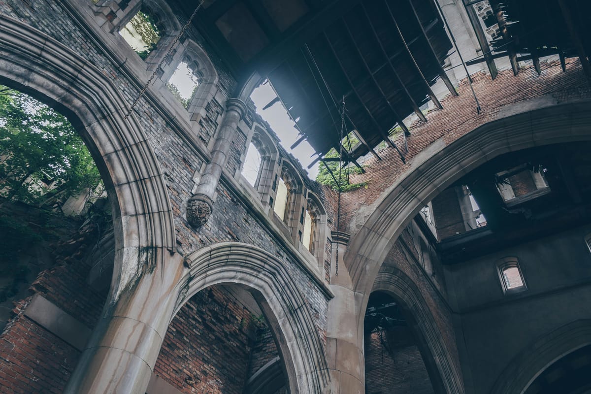 A vaulted stone and brick roof, of a building that could be an old Anglican or Catholic Church, is falling to pieces.